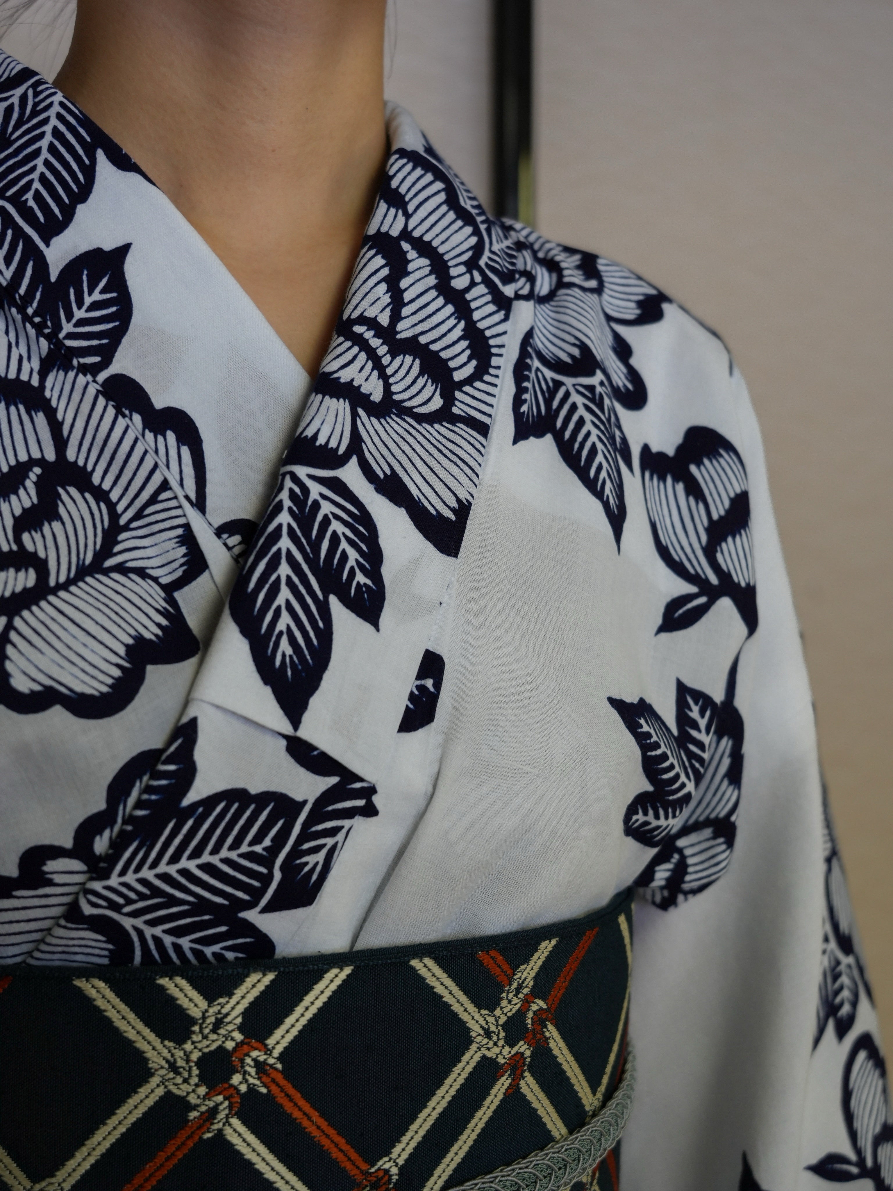 注染手縫い　民藝柄のおとな浴衣　リバーシブル半幅帯と真田紐と帯留め　花火大会 注染手縫い 民藝柄のおとな浴衣 リバーシブル半幅帯と真田紐と帯留め